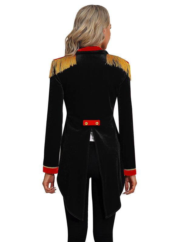 Women Color Block Circus Ringmaster Lapel Long Sleeve Velvet Tailcoat thumb