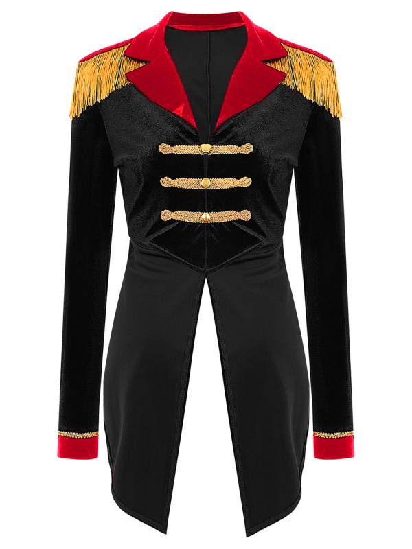 Women Color Block Circus Ringmaster Lapel Long Sleeve Velvet Tailcoat thumb