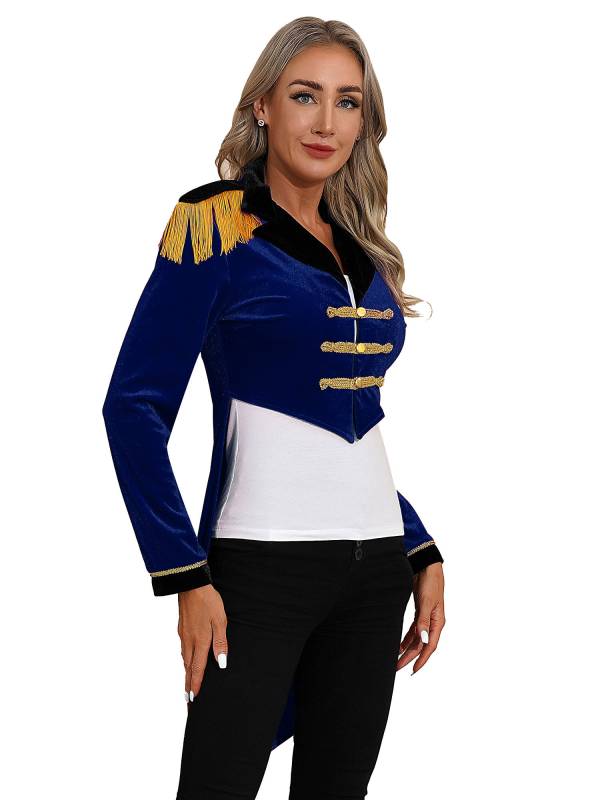 Women Color Block Circus Ringmaster Lapel Long Sleeve Velvet Tailcoat thumb