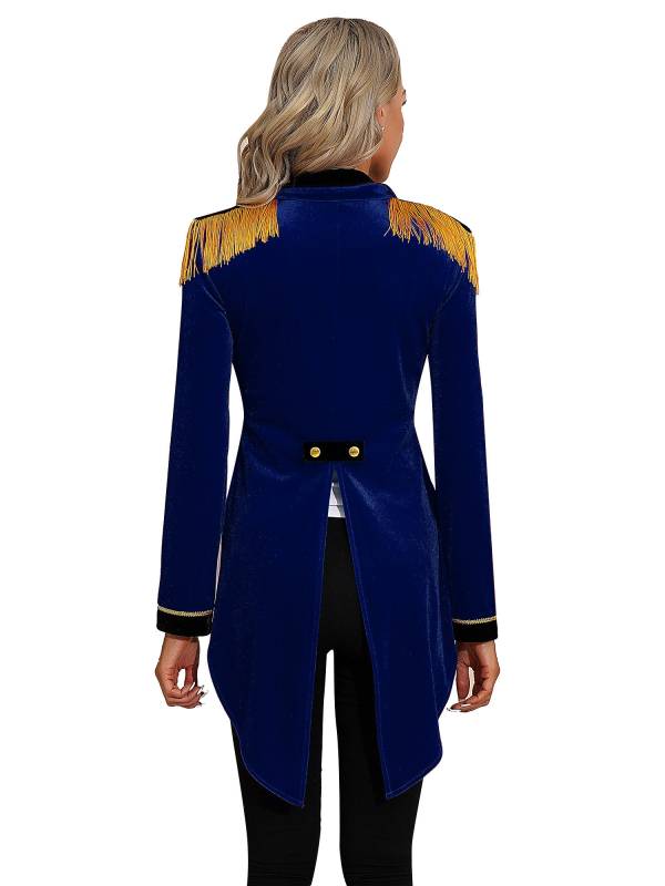Women Color Block Circus Ringmaster Lapel Long Sleeve Velvet Tailcoat thumb