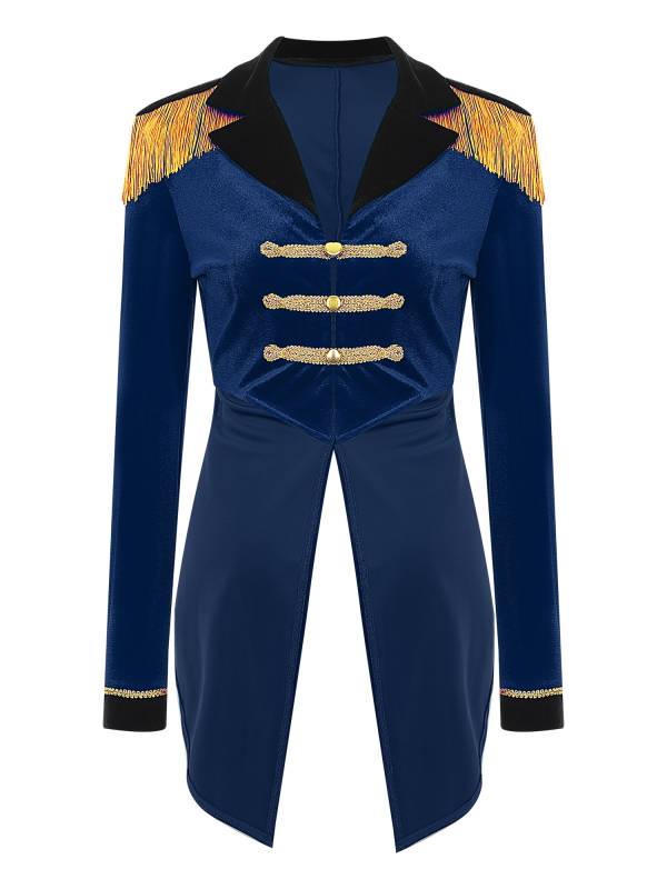 Women Color Block Circus Ringmaster Lapel Long Sleeve Velvet Tailcoat thumb