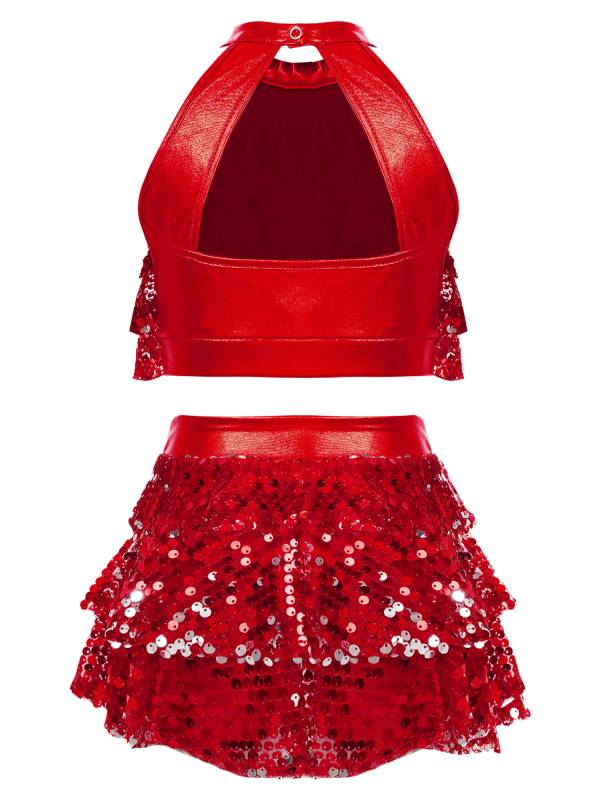 Kids Girls Sequin Backless Crop Top and Skirt Jazz Dance Sets thumb