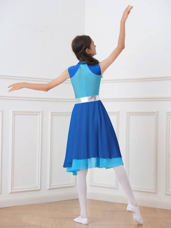 Kids Girls Color Block Tiered Wrapped Hem Praise Lyrical Dance Dress thumb