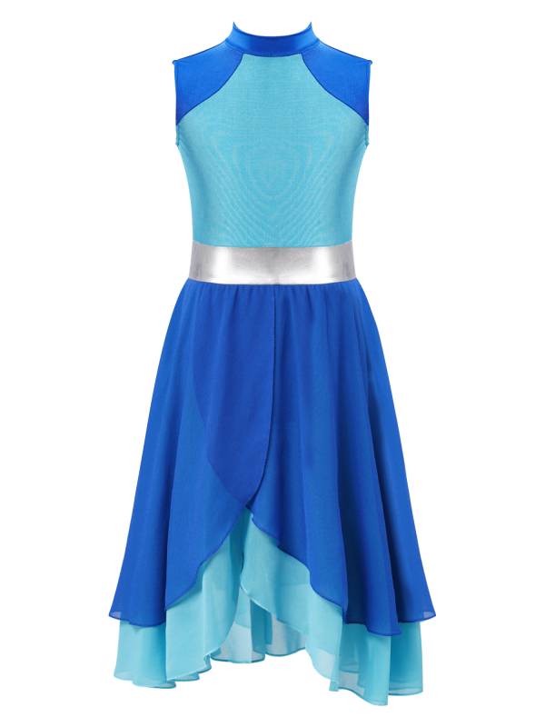 Kids Girls Color Block Tiered Wrapped Hem Praise Lyrical Dance Dress thumb