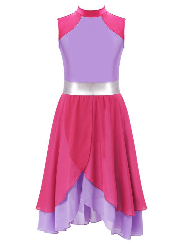 Kids Girls Color Block Tiered Wrapped Hem Praise Lyrical Dance Dress thumb