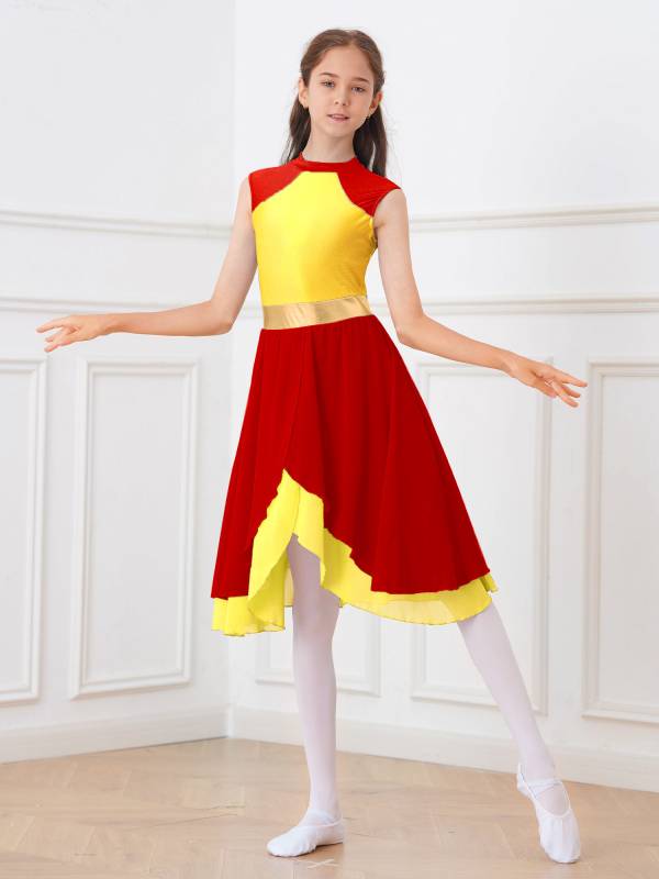 Kids Girls Color Block Tiered Wrapped Hem Praise Lyrical Dance Dress thumb