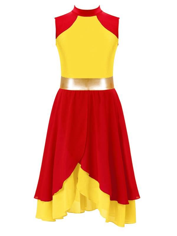 Kids Girls Color Block Tiered Wrapped Hem Praise Lyrical Dance Dress thumb