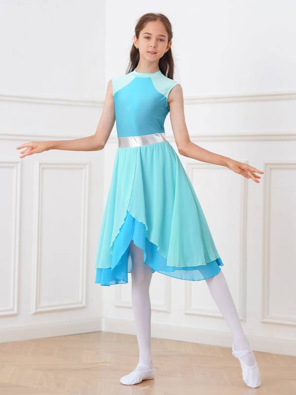 Kids Girls Color Block Tiered Wrapped Hem Praise Lyrical Dance Dress thumb