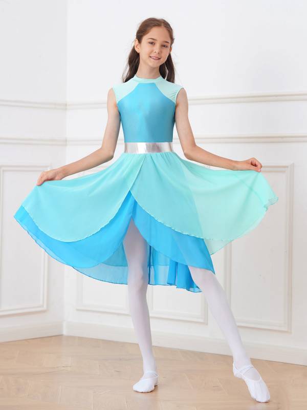 Kids Girls Color Block Tiered Wrapped Hem Praise Lyrical Dance Dress thumb