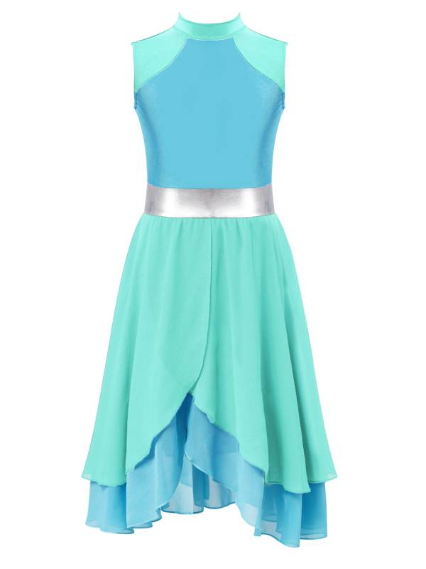 Kids Girls Color Block Tiered Wrapped Hem Praise Lyrical Dance Dress thumb