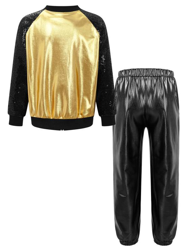 Kids Girls Sequin Long Sleeve Zipper Front Jacket and Metallic Pants Dance Set thumb