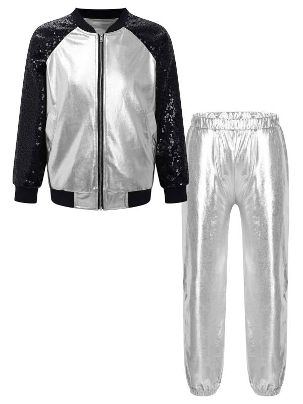 Kids Girls Sequin Long Sleeve Zipper Front Jacket and Metallic Pants Dance Set thumb