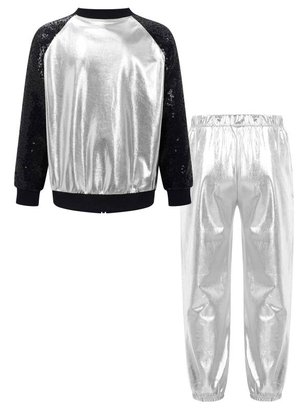 Kids Girls Sequin Long Sleeve Zipper Front Jacket and Metallic Pants Dance Set thumb