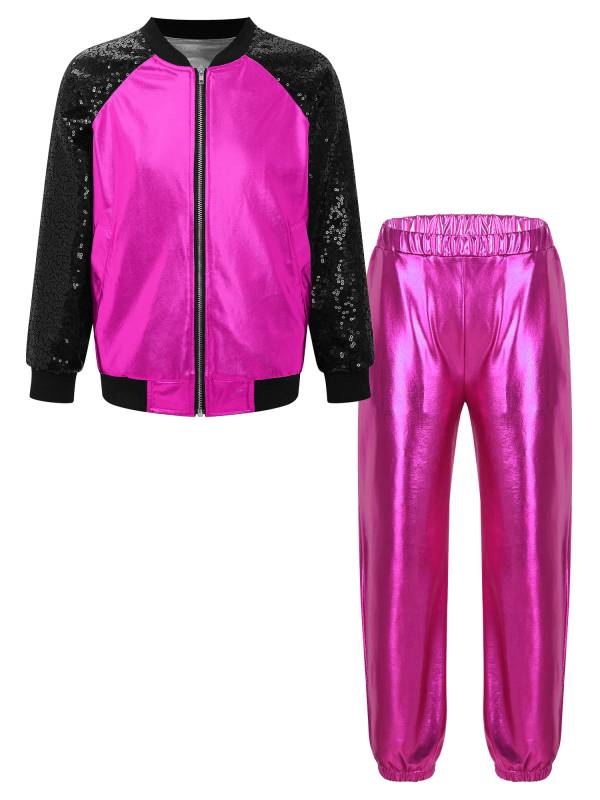 Kids Girls Sequin Long Sleeve Zipper Front Jacket and Metallic Pants Dance Set thumb