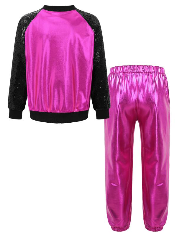 Kids Girls Sequin Long Sleeve Zipper Front Jacket and Metallic Pants Dance Set thumb