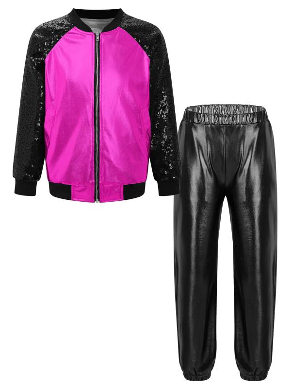 Kids Girls Sequin Long Sleeve Zipper Front Jacket and Metallic Pants Dance Set thumb