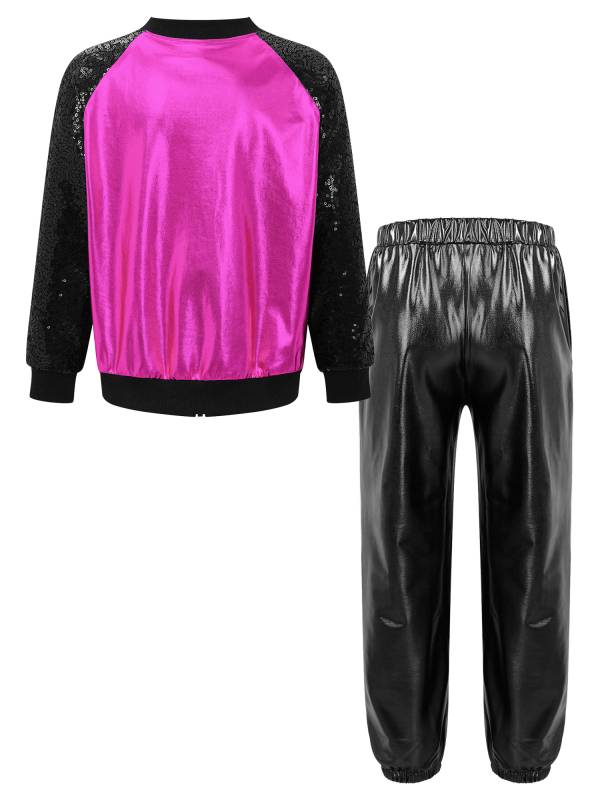 Kids Girls Sequin Long Sleeve Zipper Front Jacket and Metallic Pants Dance Set thumb