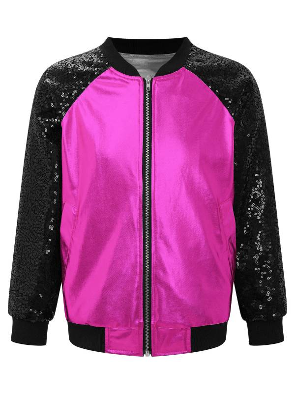 Kids Girls Sequin Long Sleeve Zipper Front Jacket and Metallic Pants Dance Set thumb