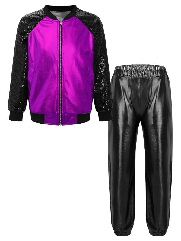 Kids Girls Sequin Long Sleeve Zipper Front Jacket and Metallic Pants Dance Set thumb