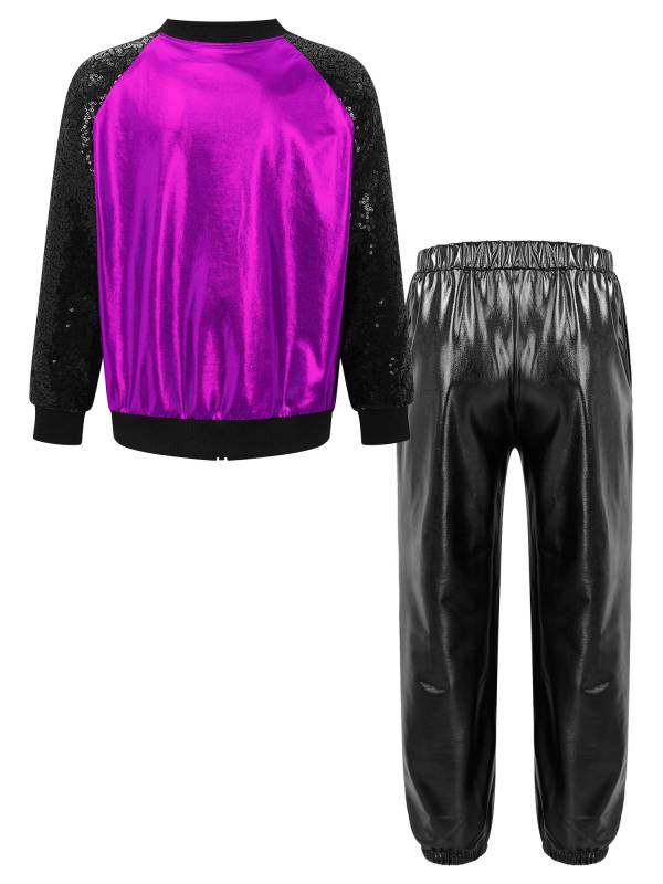 Kids Girls Sequin Long Sleeve Zipper Front Jacket and Metallic Pants Dance Set thumb
