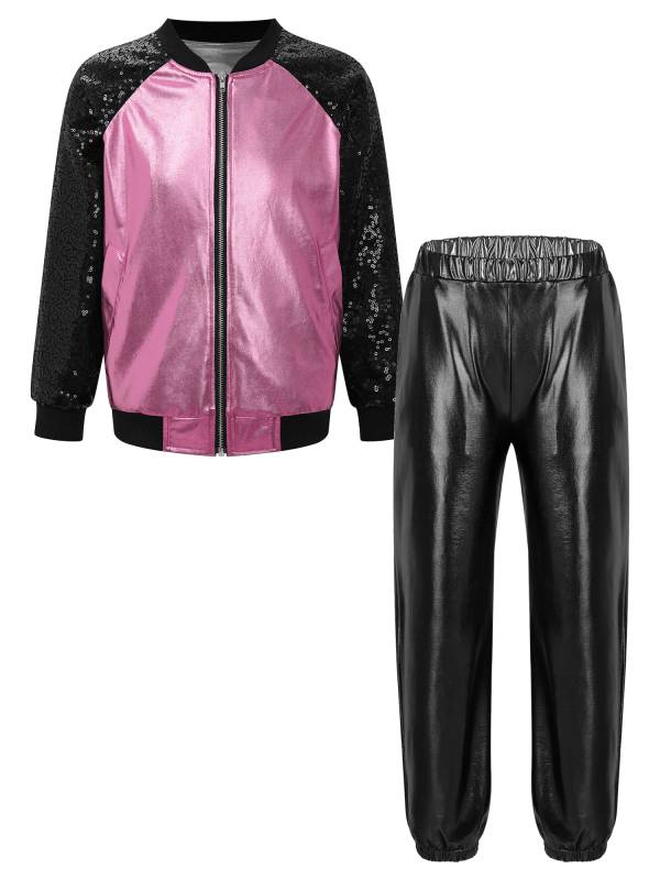 Kids Girls Sequin Long Sleeve Zipper Front Jacket and Metallic Pants Dance Set thumb