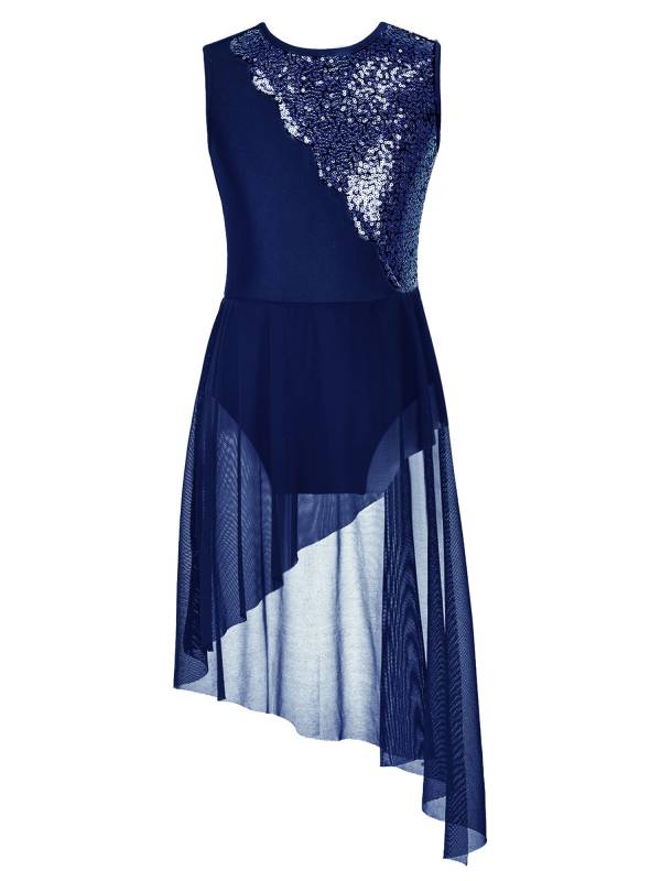 Kids Girls Sleeveless Sequins Irregular Lyrical Dance Dress thumb