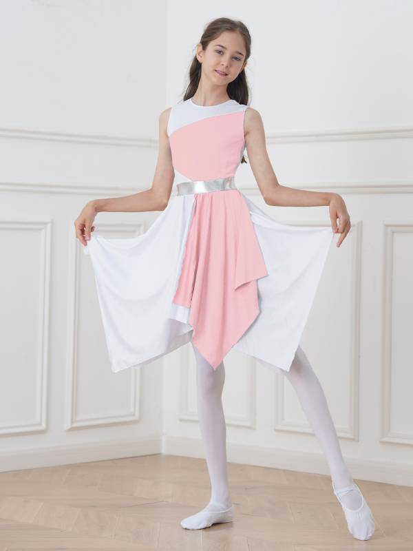 Kids Girls Sleeveless Colorblock Praise Worship Dance Dress thumb
