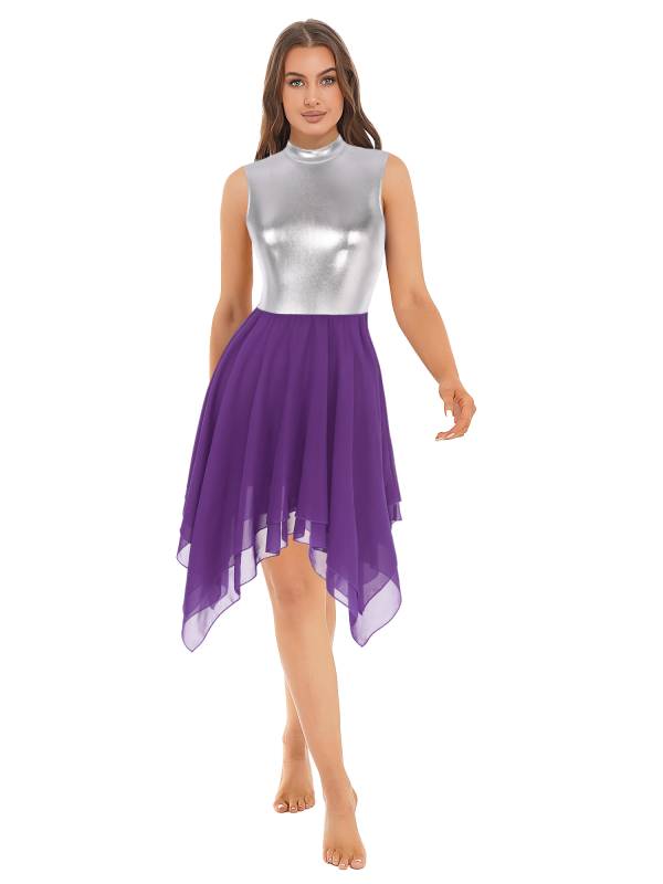 Women Sleeveless Metallic Color Block Lyrical Dance Dress thumb