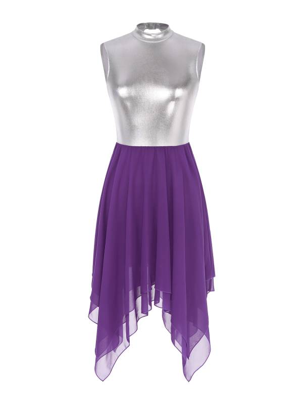 Women Sleeveless Metallic Color Block Lyrical Dance Dress thumb