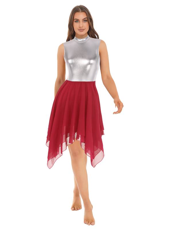 Women Sleeveless Metallic Color Block Lyrical Dance Dress thumb