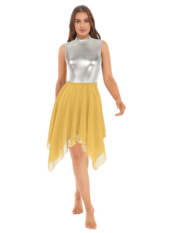 Women Sleeveless Metallic Color Block Lyrical Dance Dress thumb