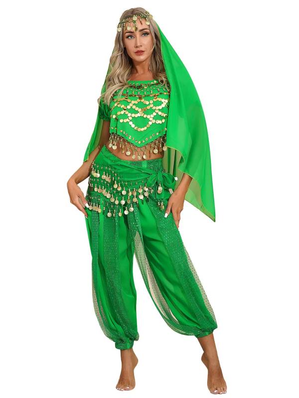 Women 4Pcs Belly Dance Puff Sleeve Sequin Crop Top with Pants Sets thumb