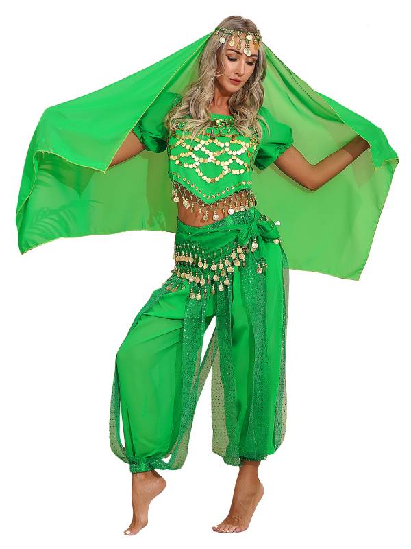 Women 4Pcs Belly Dance Puff Sleeve Sequin Crop Top with Pants Sets thumb
