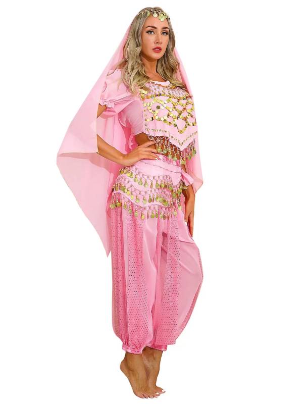 Women 4Pcs Belly Dance Puff Sleeve Sequin Crop Top with Pants Sets thumb