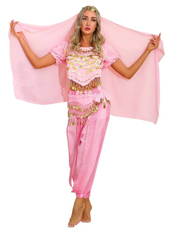 Women 4Pcs Belly Dance Puff Sleeve Sequin Crop Top with Pants Sets thumb