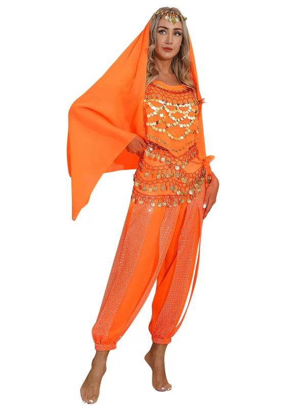 Women 4Pcs Belly Dance Puff Sleeve Sequin Crop Top with Pants Sets thumb