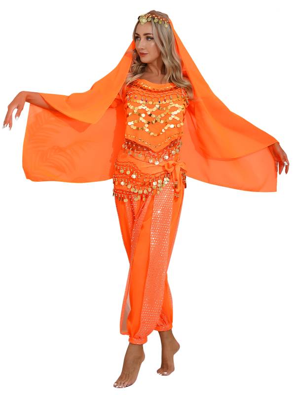 Women 4Pcs Belly Dance Puff Sleeve Sequin Crop Top with Pants Sets thumb