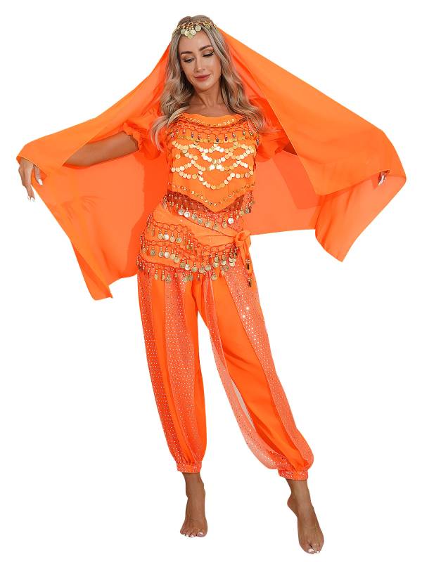 Women 4Pcs Belly Dance Puff Sleeve Sequin Crop Top with Pants Sets thumb