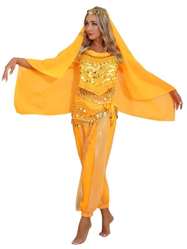 Women 4Pcs Belly Dance Puff Sleeve Sequin Crop Top with Pants Sets thumb