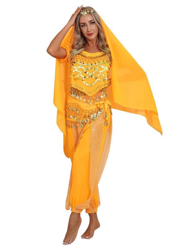 Women 4Pcs Belly Dance Puff Sleeve Sequin Crop Top with Pants Sets thumb