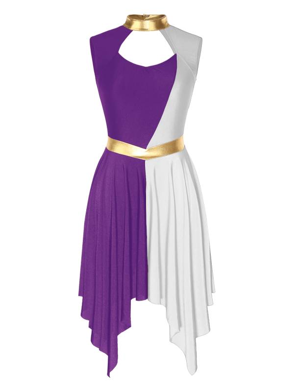 Women Color Block Sleeveless Hollow Worship Dance Dress thumb