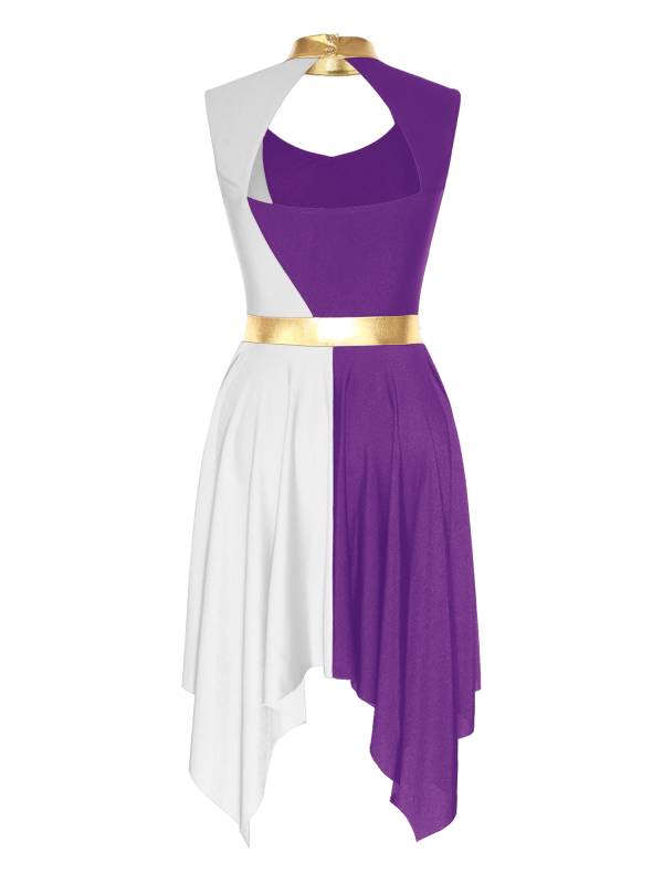 Women Color Block Sleeveless Hollow Worship Dance Dress thumb