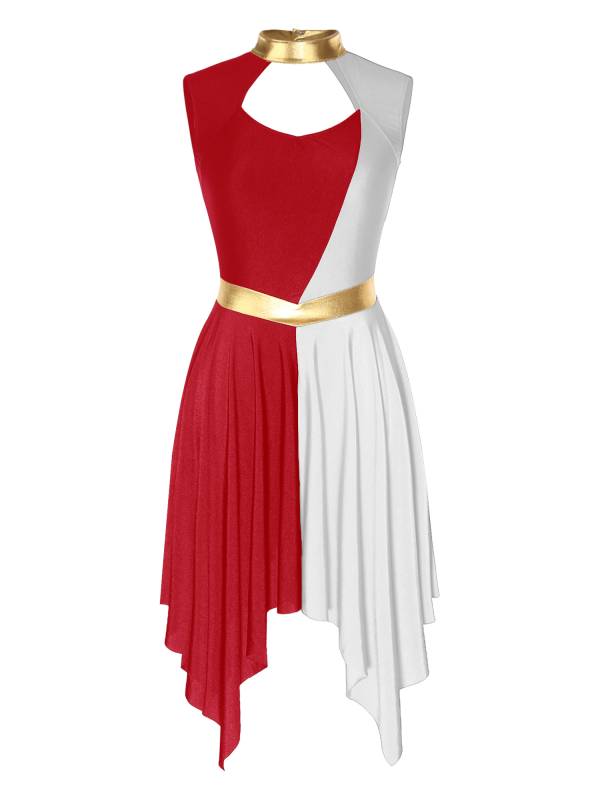 Women Color Block Sleeveless Hollow Worship Dance Dress thumb