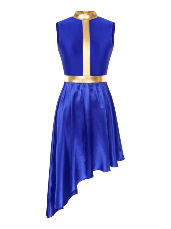 Women Sleeveless Satin High Low Worship Dance Dress(no white underdress) thumb