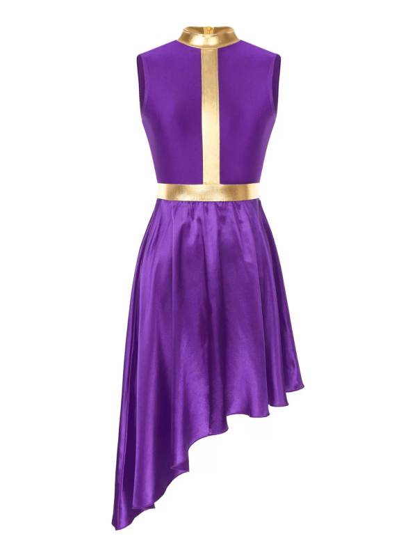 Women Sleeveless Satin High Low Worship Dance Dress(no white underdress) thumb