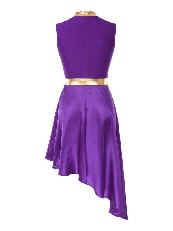 Women Sleeveless Satin High Low Worship Dance Dress(no white underdress) thumb