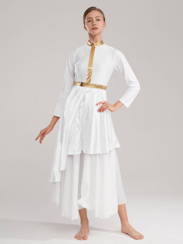 Women Sleeveless Satin High Low Worship Dance Dress(no white underdress) thumb