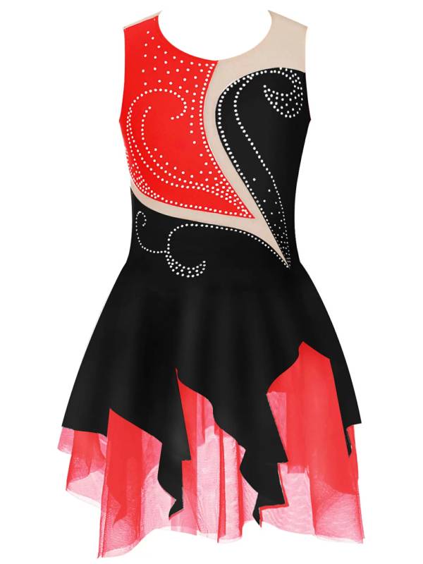 Kids Girls Sleeveless Colorblock Rhinestone Skating Dance Dress thumb