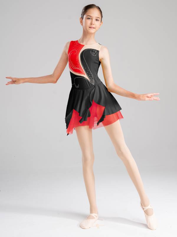 Kids Girls Sleeveless Colorblock Rhinestone Skating Dance Dress thumb
