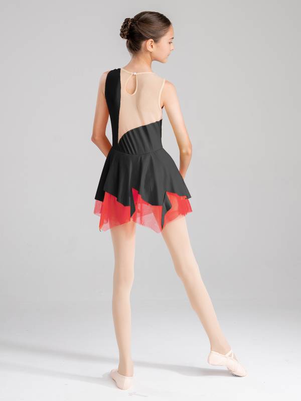 Kids Girls Sleeveless Colorblock Rhinestone Skating Dance Dress thumb